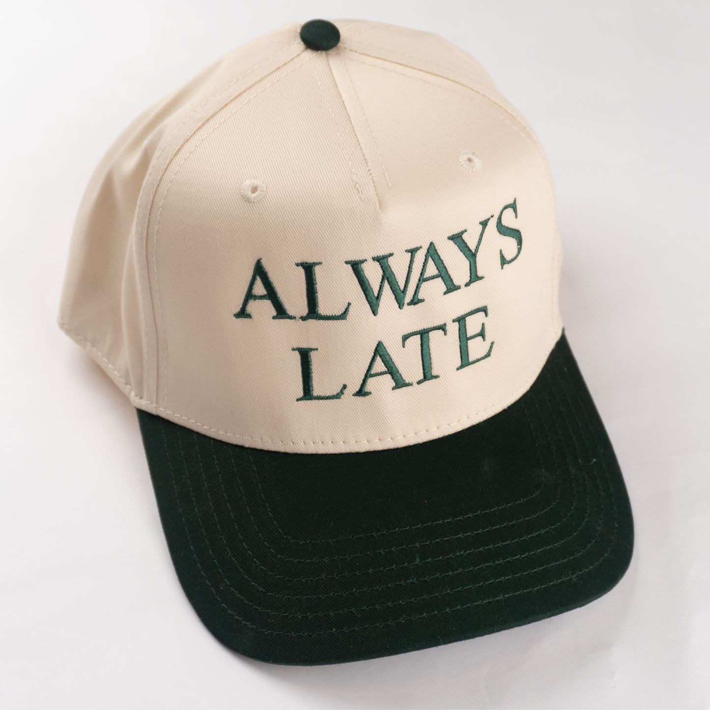 "ALWAY LATE" 5 Panel Mid Profile Baseball Cap